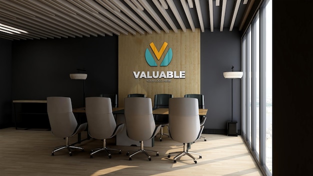Realistic 3d company wall logo mockup in the office business meeting room