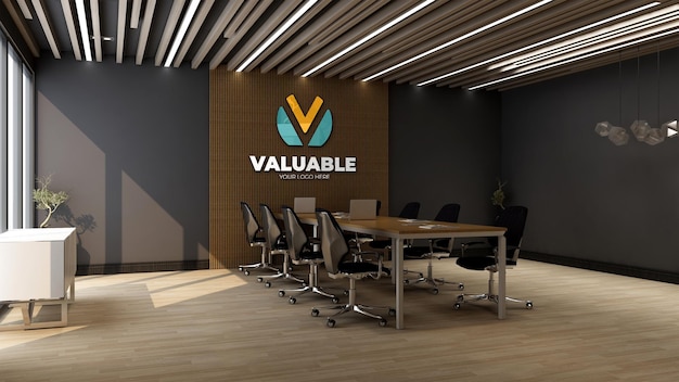 Mockup realistico del logo della parete dell'azienda 3d nella sala riunioni di lavoro dell'ufficio