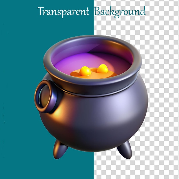 PSD realistic 3d icon black witch cauldron on campfire on wood with inside magical bubling green potion