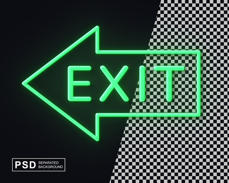 PSD realistic 3d illustration of neon exit sign with left arrow direction psd file separated background