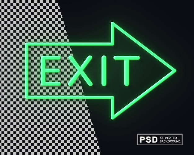 PSD illustrazione 3d realistica del segnale di uscita al neon con lo sfondo separato del file psd in direzione della freccia destra