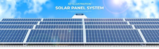 Реалистичная 3D-иллюстрация системы солнечных батарей с фоном неба