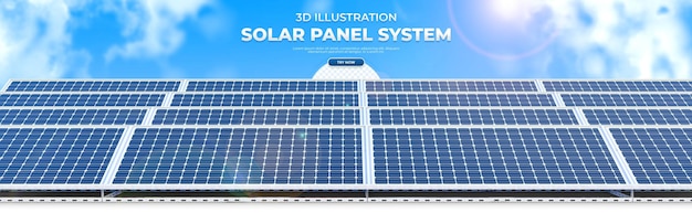 Realistic 3d illustration solar panel system with sky bakground