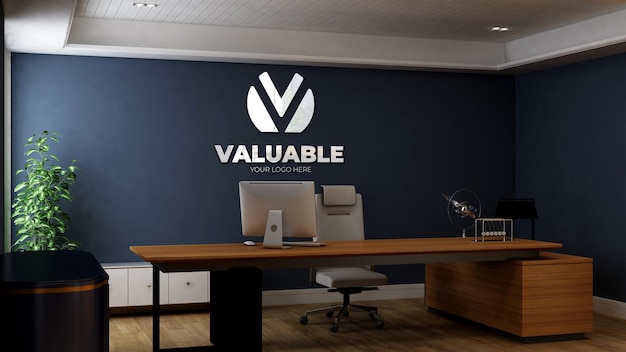 PSD mockup di logo 3d realistico nella stanza del manager dell'ufficio aziendale