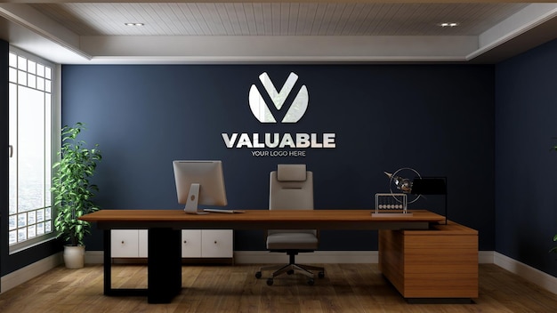 Realistic 3d logo mockup in the business office manager room