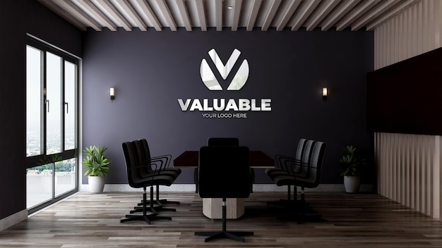 Realistico logo 3d mockup nella sala riunioni d'affari dell'ufficio con un design d'interni elegante