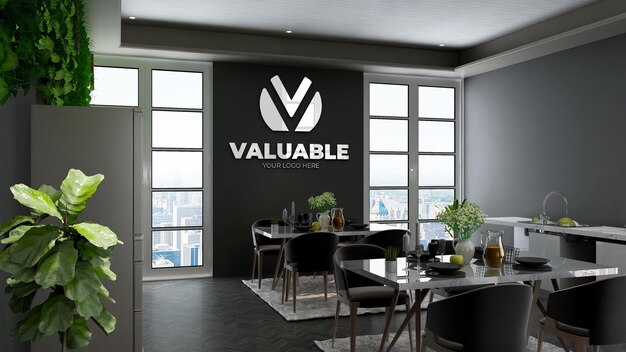PSD realistic 3d logo wall mockup in the office restaurant room