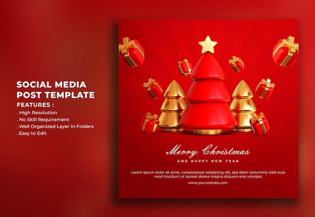 Modello di post sui social media realistico in 3d buon natale e felice anno nuovo