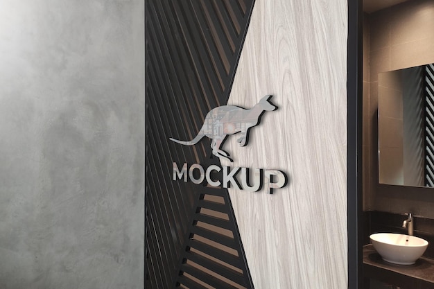 Realistic 3d metal logo mockup on black and white wooden wall