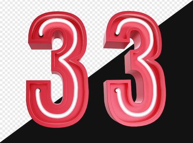 PSD 3d realistico numero tre con luce al neon isolata