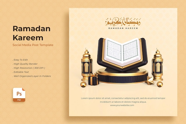 Realistic 3d ramadan kareem social media post template