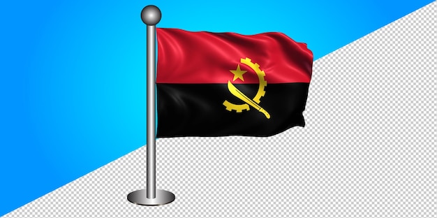 PSD rendering 3d realistico della bandiera dell'angola con palo su sfondo trasparente