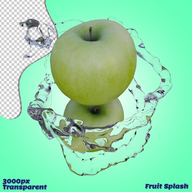 Rendering 3d realistico dello splash di mela verde ideale per scopi commerciali e di progettazione