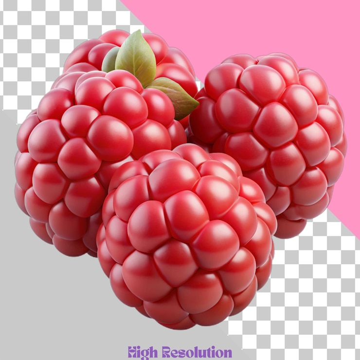 PSD realistic 3d render of red raspberries isolated on checkered background