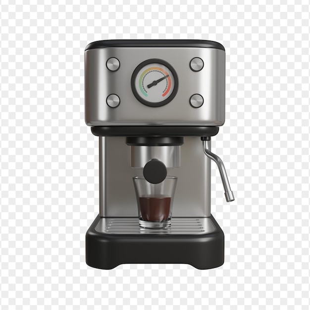 realistic 3d render of a silver and black coffee machine brewing hot coffee into a clear glass