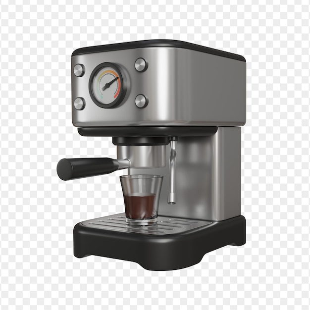 透明なグラスに熱いコーヒーを造する銀と黒のコーヒーマシンのリアルな3Dレンダー