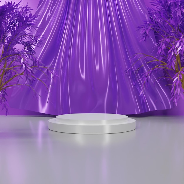 PSD realistic 3d render white metallic podium with purple curtain background