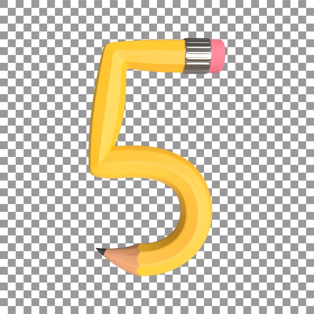 Realistic 3d rendering of Alphabet Number 5 pencil shape in yellow color high quality image for gr