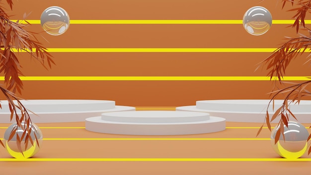 오렌지 배경에 현실적인 3d 렌더링 흰색 연단