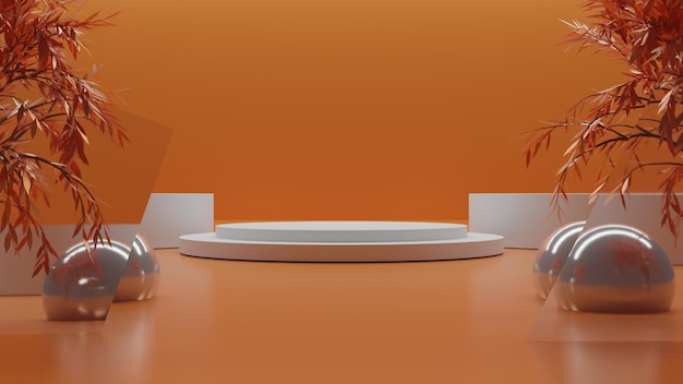 Realistic 3D rendering white podium on orange background