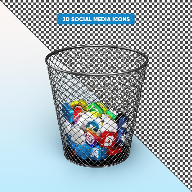 Realistic 3d social media icons in recycle bin rendering