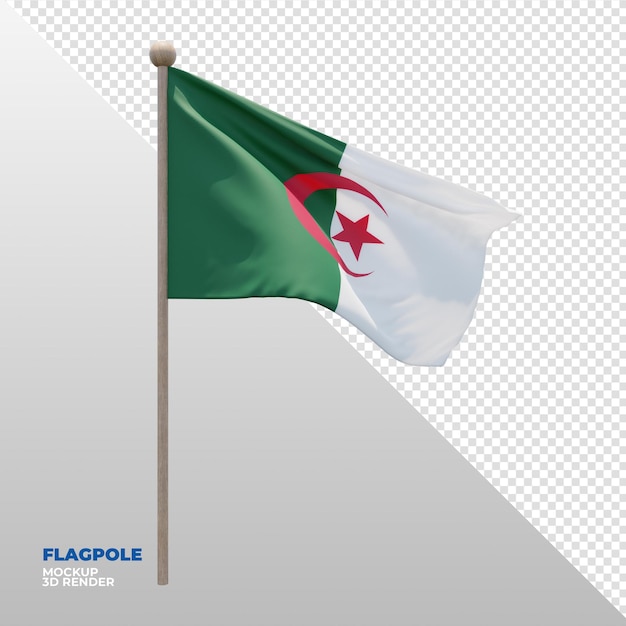 Realistic 3d textured flagpole flag of algeria