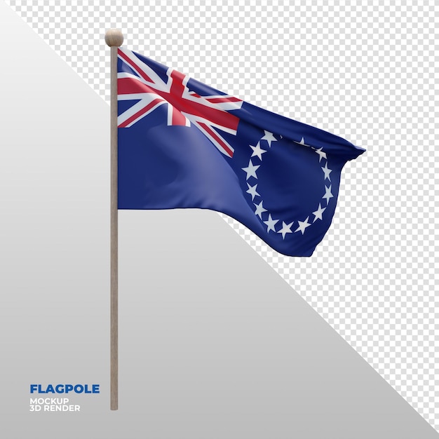 Realistic 3d textured flagpole flag of cook islands