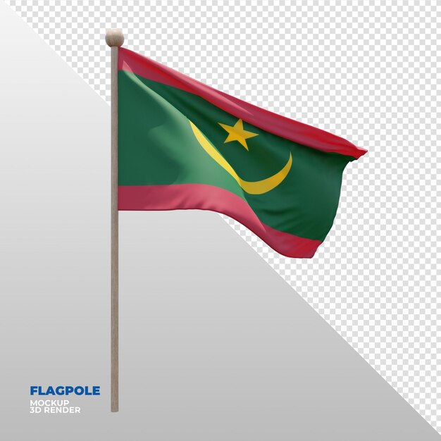 Realistic 3d textured flagpole flag of mauritania