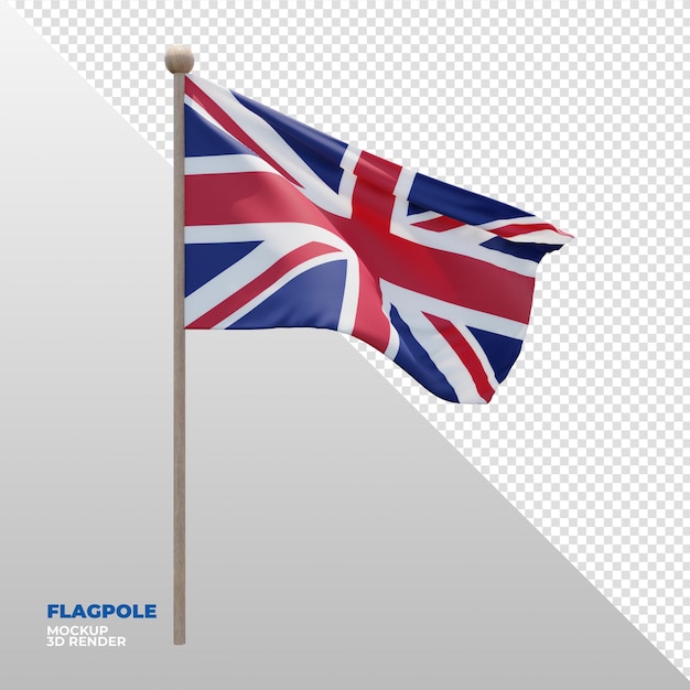 Realistic 3d textured flagpole flag of United Kingdom