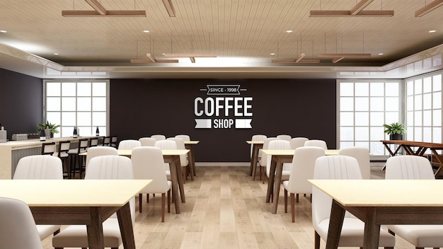 PSD mockup realistico del logo della parete 3d nella caffetteria con divano