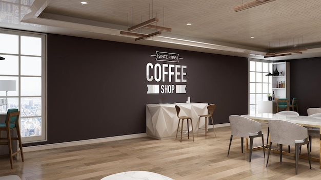 realistic 3d wall logo mockup in the coffee shop