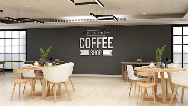 PSD 현대적인 카페 바 내부의 현실적인 3d 벽 로고 모형