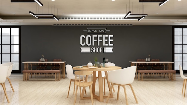 PSD mockup realistico del logo della parete 3d nell'interno moderno del bar caffetteria