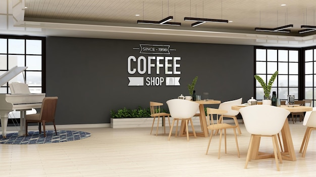 PSD mockup realistico del logo della parete 3d nell'interno moderno del bar caffetteria