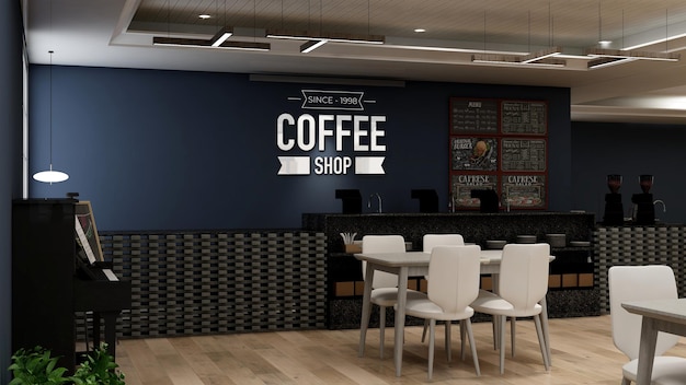 Mockup realistico del logo della parete 3d nell'interno moderno del bar della caffetteria