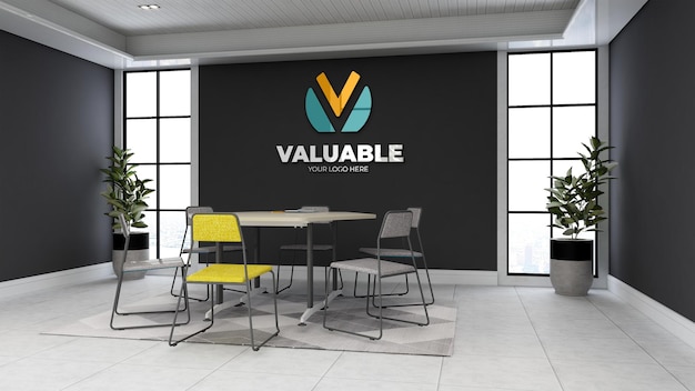 Mockup realistico del logo della parete 3d nella sala riunioni di lavoro dell'ufficio