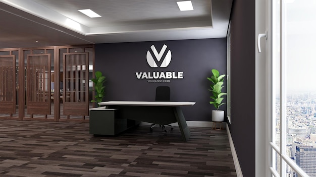 realistic 3d wall logo mockup in the office receptionist room