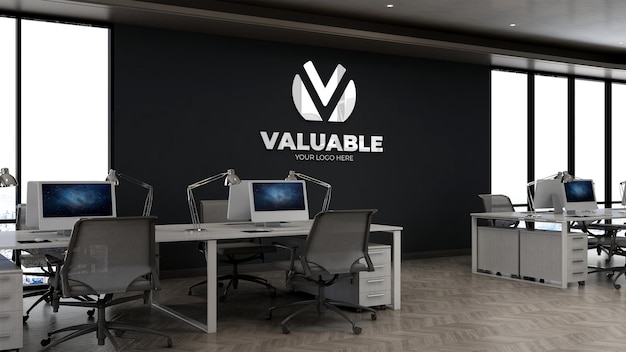 PSD realistic 3d wall logo mockup in office workspace