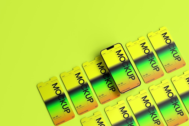 PSD mockup di smartphone giallo 3d realistico con sfondo e oggetto modificabili