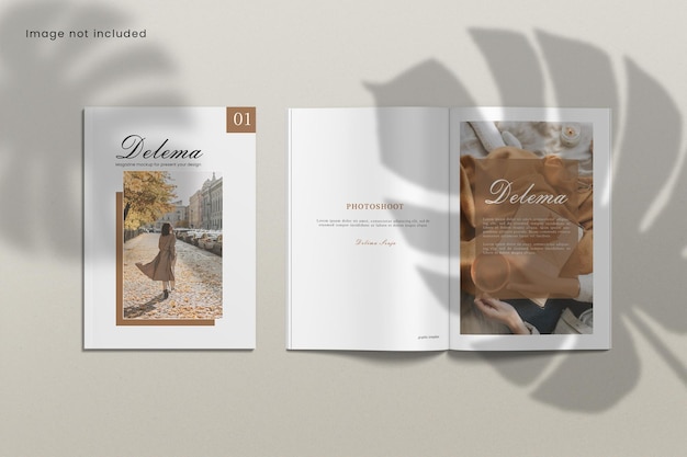 PSD vista dall'alto del mockup di una rivista a4 realistica con sovrapposizione di ombre