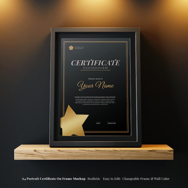 PSD realistic a4 portrait elegant certificate on modern frame editable mockup front view