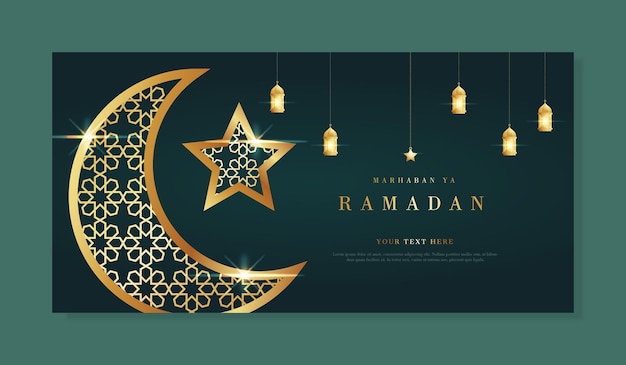 Реалистичный и элегантный шаблон баннера рамадана со звездами фонаря и луной