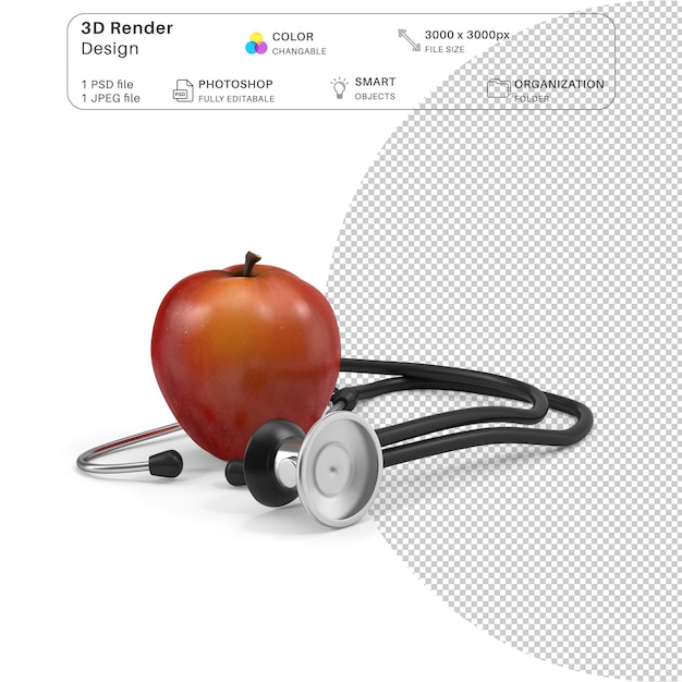 PSD realistic apple with stethoscope 3d model detailed psd file for health and nutrition design