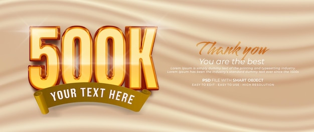 Realistic banner 500k followers and subscribers with 3d text text effect editable text style