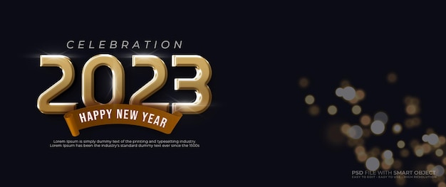 PSD banner realistico felice anno nuovo 2023 con effetto testo 3d in stile oro modificabile