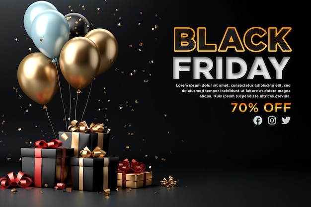 PSD realistic black friday banner with black and golden theme background
