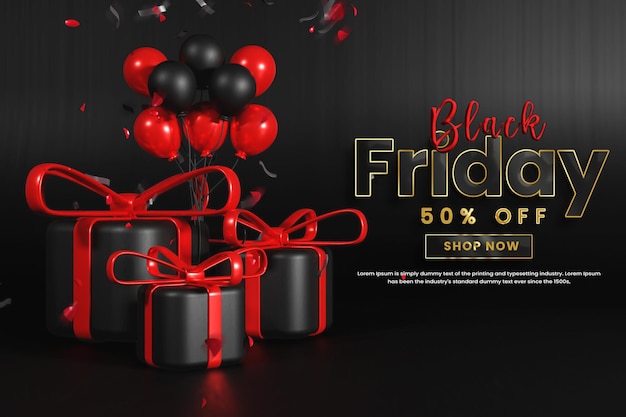 PSD realistic black friday sale banner with balloons and gift box or flack friday offer banner