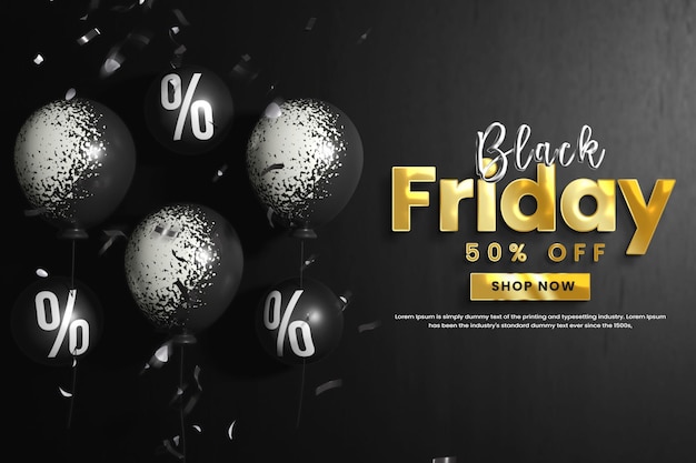 Realistic black friday sale banner with balloons and gift box or flack friday offer banner