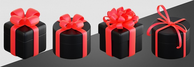 Realistic black gift box set with red ribbon bow Concept of abstract holiday birthday Christmas or Black Friday present or surprise 3d high quality isolated render