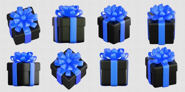 Confezione regalo nera realistica con fiocco a nastro blu concetto di vacanza astratta compleanno natale o black friday presente o sorpresa 3d rendering isolato di alta qualità